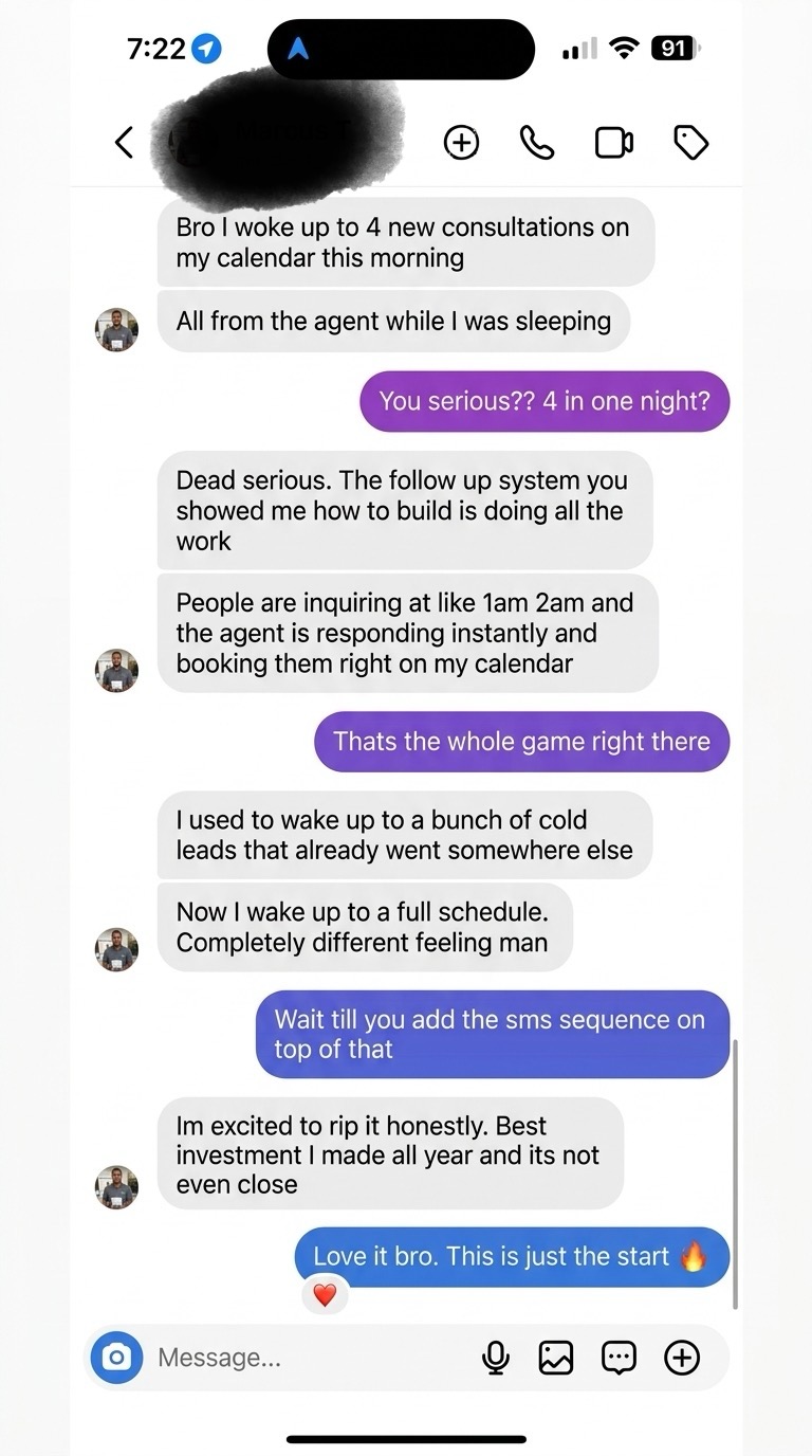 Client DM: woke up to 4 new consultations booked overnight by AI agent